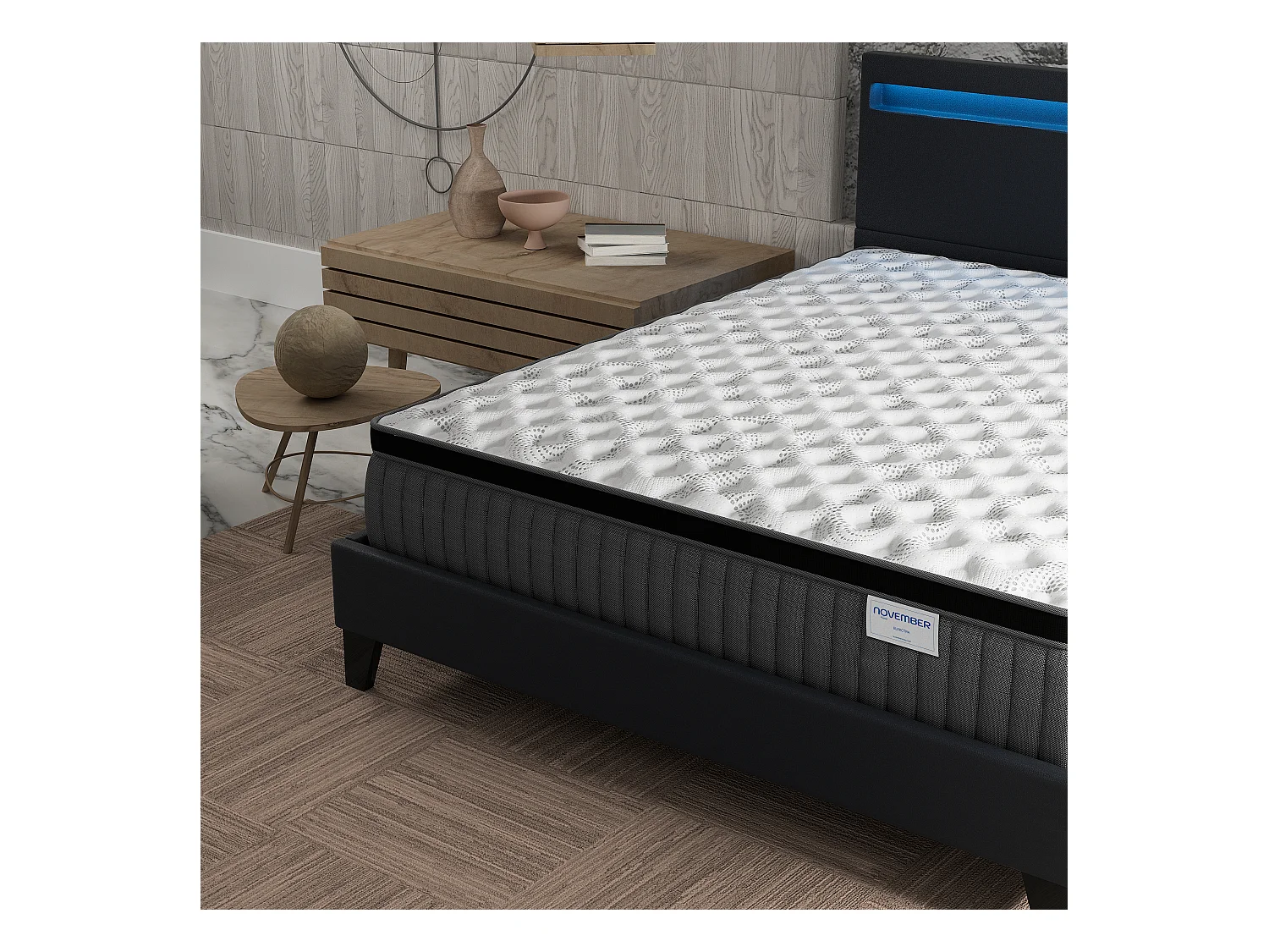 Ensemble Matelas + lit 120x190 cm, Matelas 30cm ressorts ensachés + mémoire de forme, lit à tête de lit LED similicuir noir