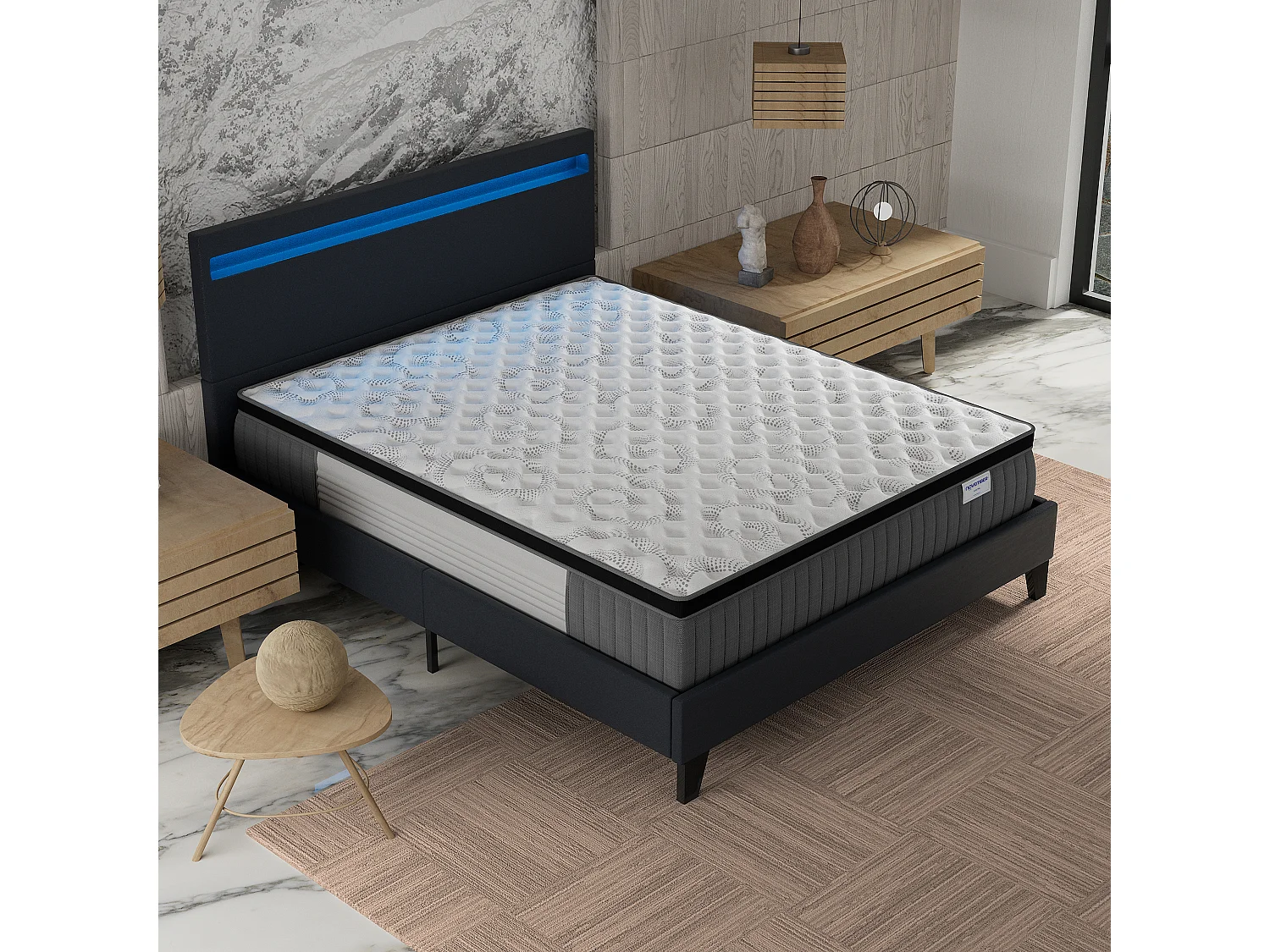 Ensemble Matelas + lit 120x190 cm, Matelas 30cm ressorts ensachés + mémoire de forme, lit à tête de lit LED similicuir noir