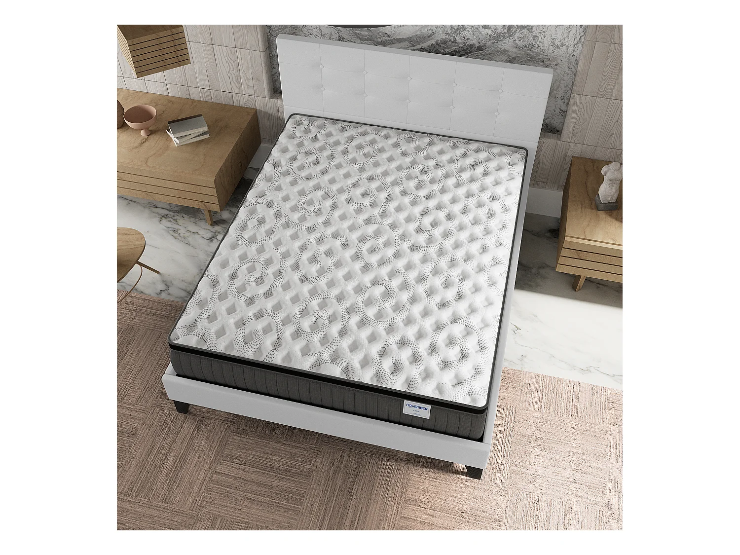 Ensemble matelas + lit 120x190 cm, matelas 30cm ressorts ensachés + mémoire de forme, lit à tête de lit capitonnée similicuir blanc