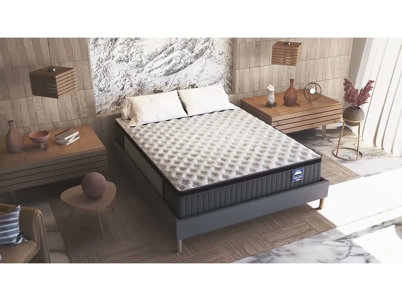 Ensemble matelas + lit 120x190 cm, matelas 30cm ressorts ensachés + mémoire de forme, lit à tête de lit capitonnée similicuir blanc