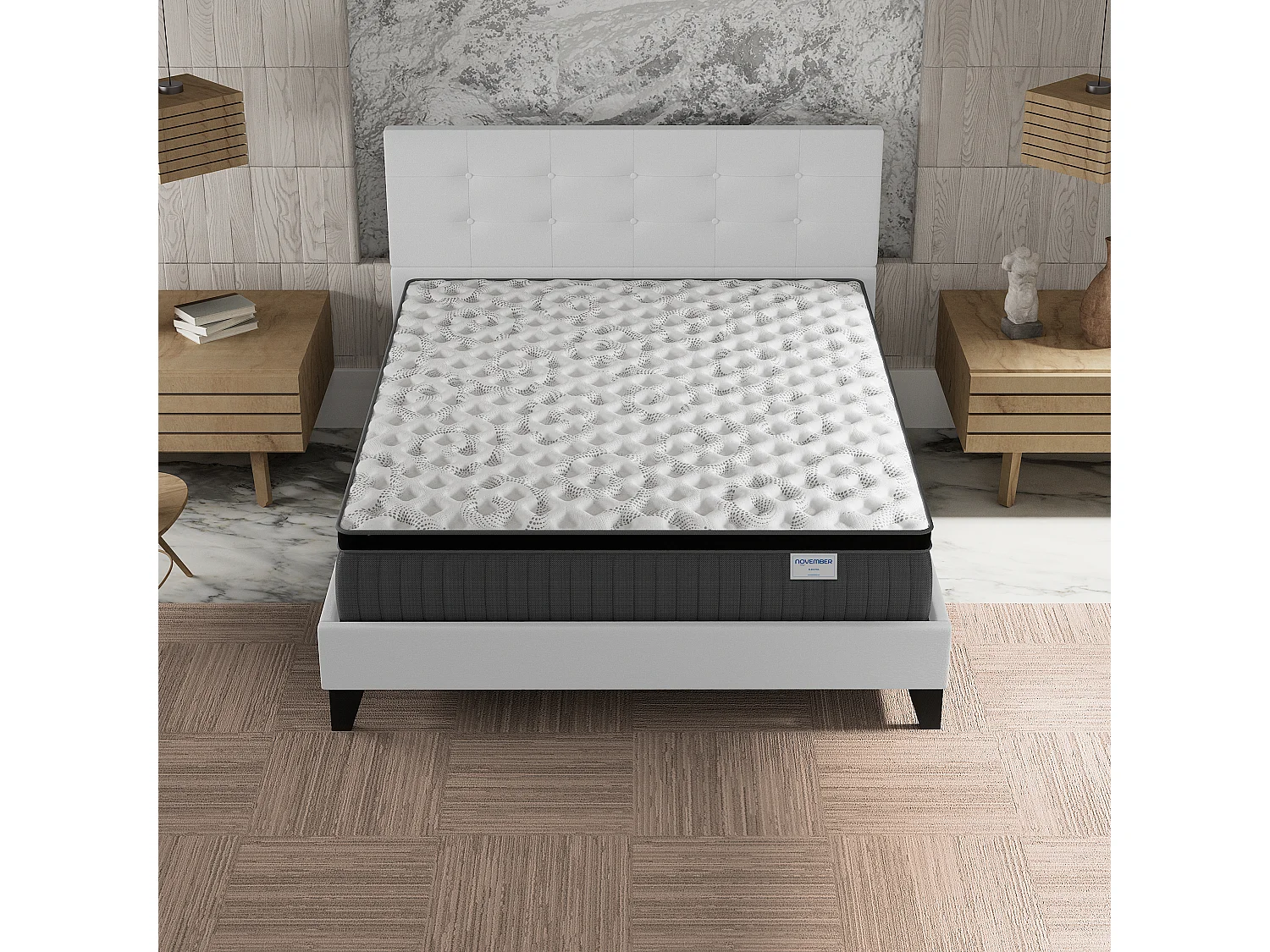 Ensemble matelas + lit 120x190 cm, matelas 30cm ressorts ensachés + mémoire de forme, lit à tête de lit capitonnée similicuir blanc
