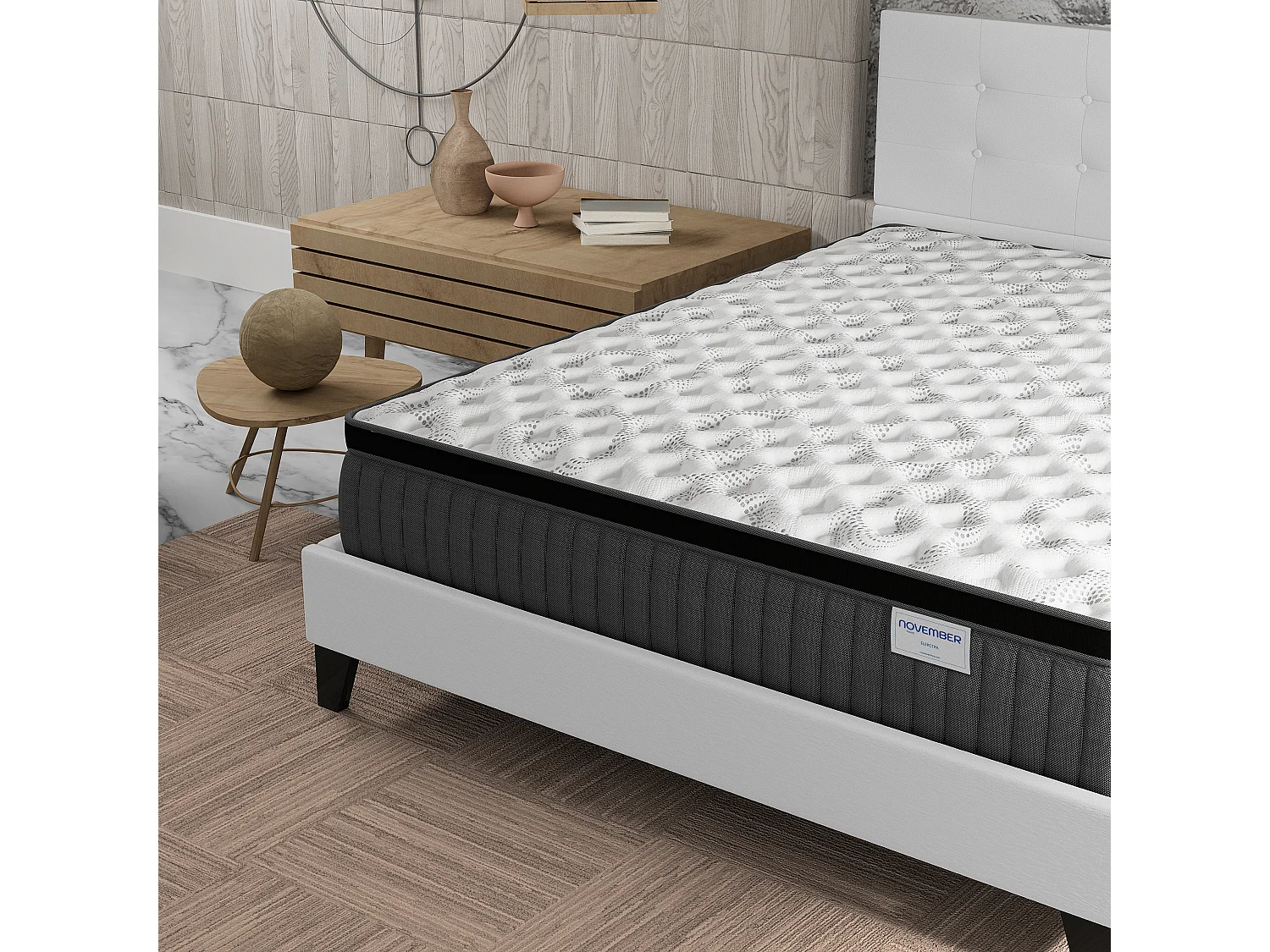 Ensemble matelas + lit 120x190 cm, matelas 30cm ressorts ensachés + mémoire de forme, lit à tête de lit capitonnée similicuir blanc
