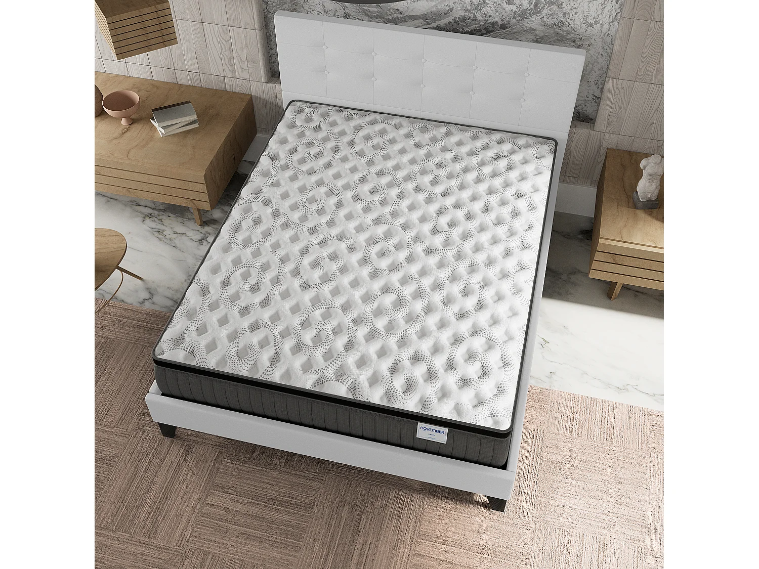 Ensemble matelas + lit 120x190 cm, matelas 30cm ressorts ensachés + mémoire de forme, lit à tête de lit capitonnée similicuir blanc