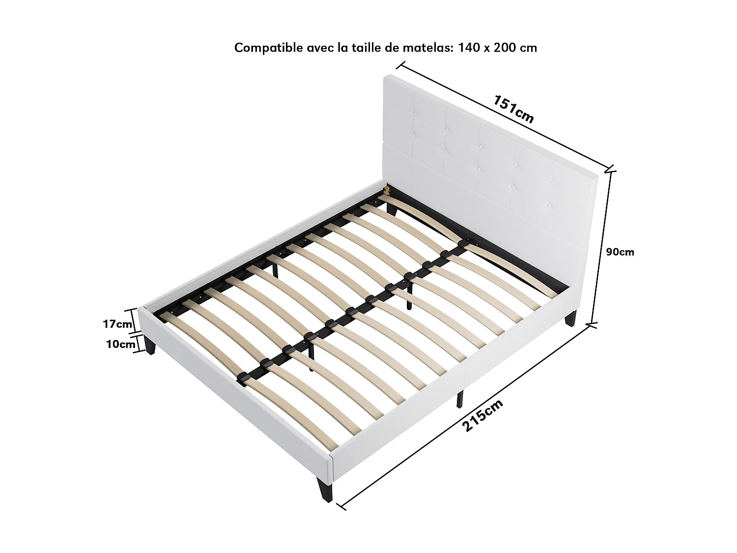 Ensemble matelas + lit 120x190 cm, matelas 30cm ressorts ensachés + mémoire de forme, lit à tête de lit capitonnée similicuir blanc