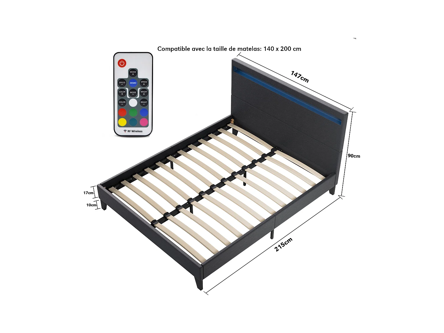 Ensemble Matelas + lit 140x200 cm, Matelas 22cm mousse, accueil mémoire de forme, lit à tête de lit LED similicuir noir