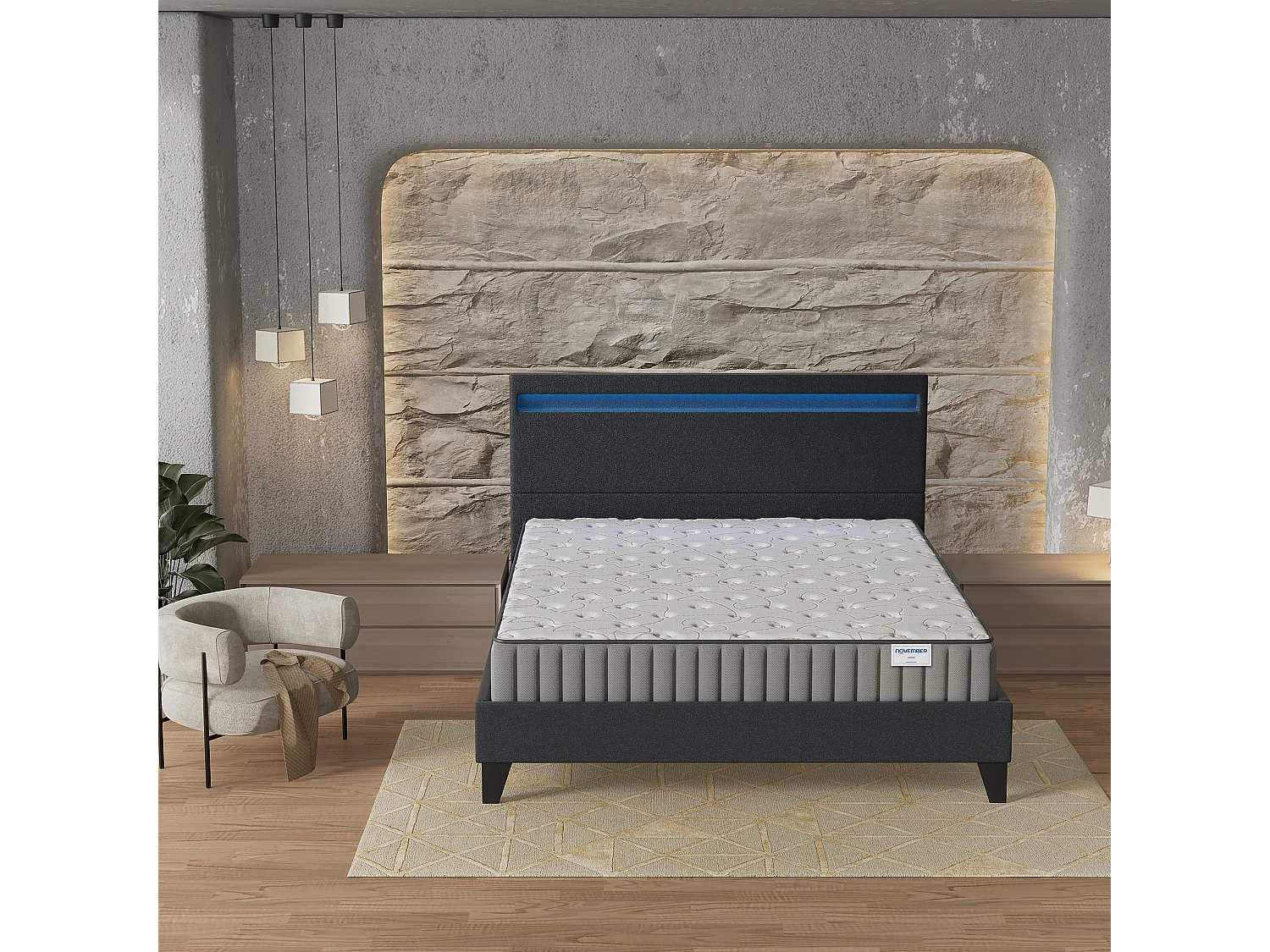 Ensemble Matelas + lit 140x200 cm, Matelas 22cm mousse, accueil mémoire de forme, lit à tête de lit LED similicuir noir