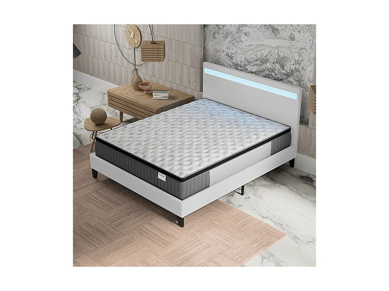 Ensemble matelas + lit 140x190 cm, matelas 30cm ressorts ensachés + mémoire de forme, lit à tête de lit LED similicuir blanc