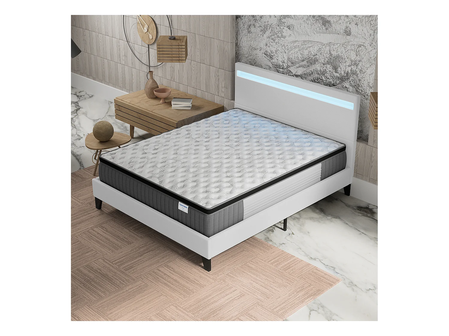 Ensemble matelas + lit 140x190 cm, matelas 30cm ressorts ensachés + mémoire de forme, lit à tête de lit LED similicuir blanc