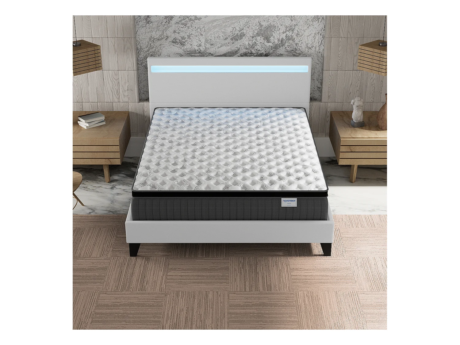 Ensemble matelas + lit 140x190 cm, matelas 30cm ressorts ensachés + mémoire de forme, lit à tête de lit LED similicuir blanc
