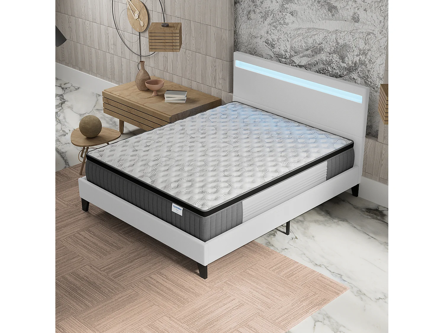 Ensemble matelas + lit 140x190 cm, matelas 30cm ressorts ensachés + mémoire de forme, lit à tête de lit LED similicuir blanc