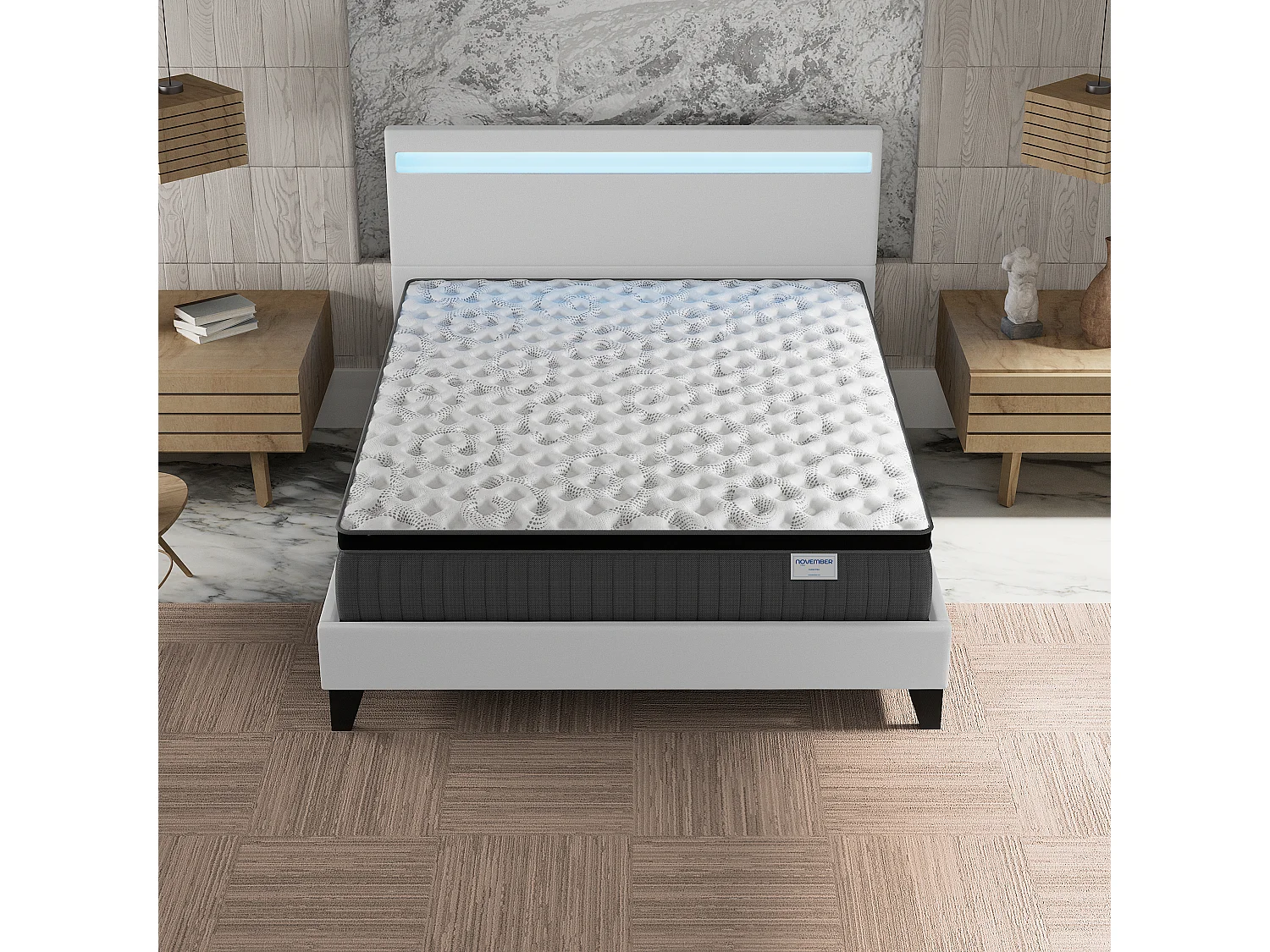 Ensemble matelas + lit 140x190 cm, matelas 30cm ressorts ensachés + mémoire de forme, lit à tête de lit LED similicuir blanc