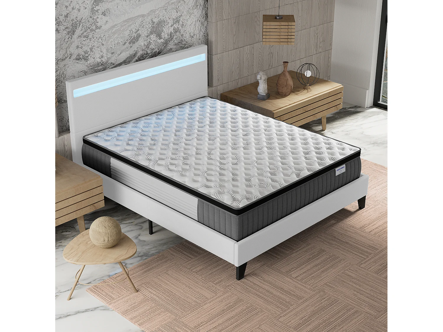 Ensemble matelas + lit 140x190 cm, matelas 30cm ressorts ensachés + mémoire de forme, lit à tête de lit LED similicuir blanc