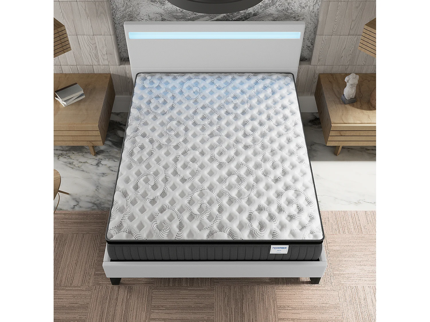 Ensemble matelas + lit 140x190 cm, matelas 30cm ressorts ensachés + mémoire de forme, lit à tête de lit LED similicuir blanc