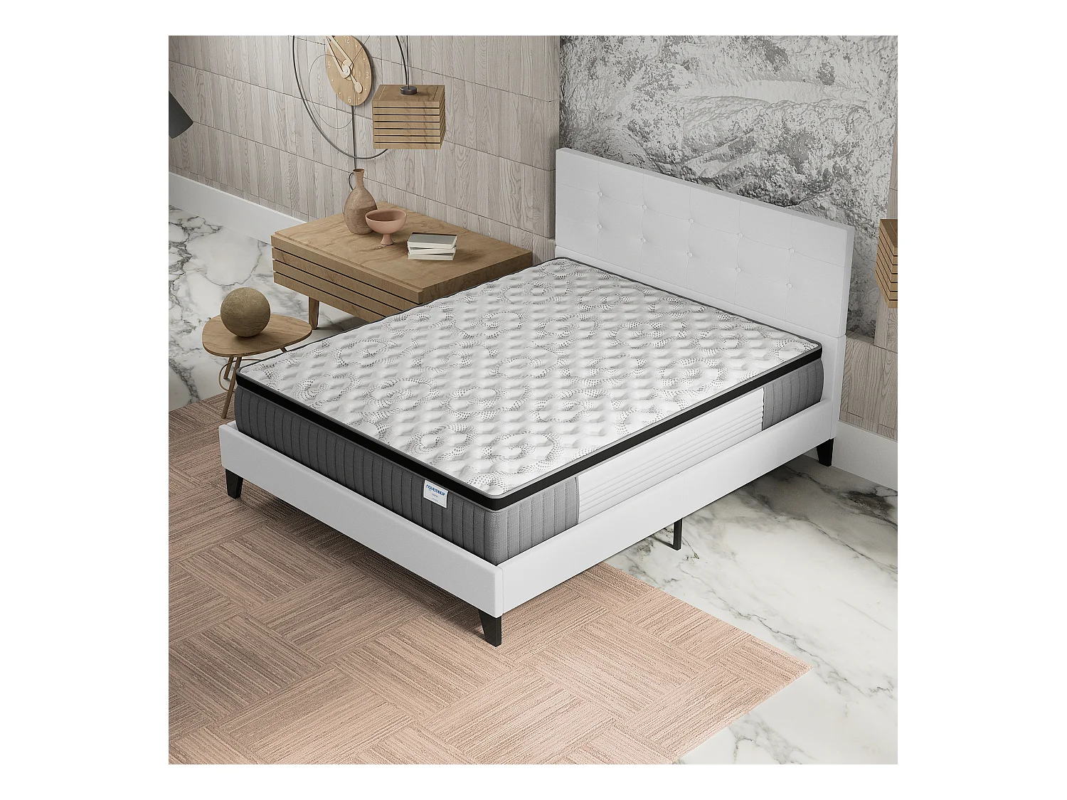 Ensemble matelas + lit 140x190 cm, matelas 30cm ressorts ensachés + mémoire de forme, lit à tête de lit capitonnée similicuir blanc