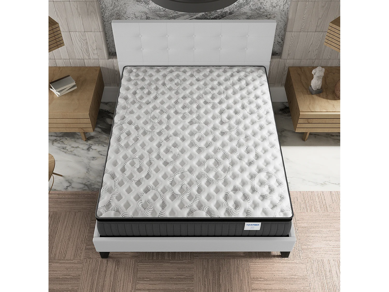 Ensemble matelas + lit 140x190 cm, matelas 30cm ressorts ensachés + mémoire de forme, lit à tête de lit capitonnée similicuir blanc