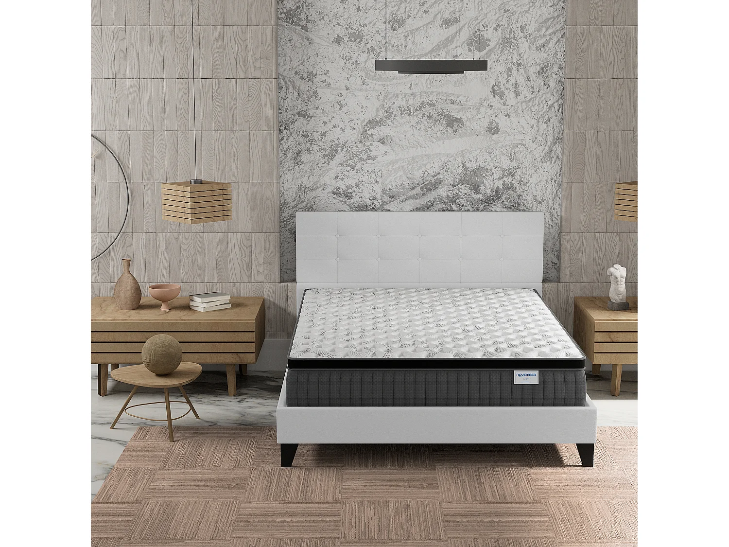 Ensemble matelas + lit 140x190 cm, matelas 30cm ressorts ensachés + mémoire de forme, lit à tête de lit capitonnée similicuir blanc