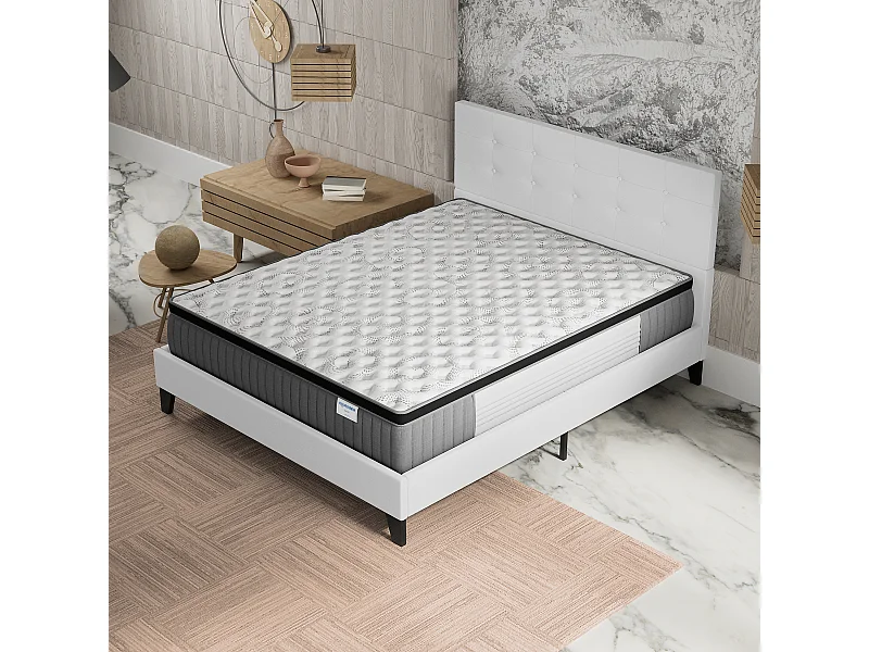 Ensemble matelas + lit 140x200 cm, matelas 30cm ressorts ensachés + mémoire de forme, lit à tête de lit capitonnée similicuir blanc