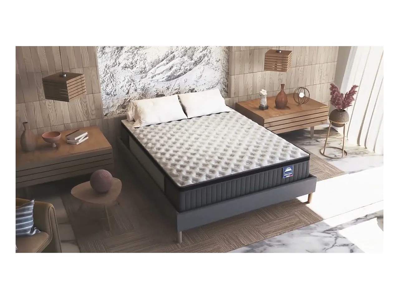 Ensemble matelas + lit 140x200 cm, matelas 30cm ressorts ensachés + mémoire de forme, lit à tête de lit capitonnée similicuir blanc