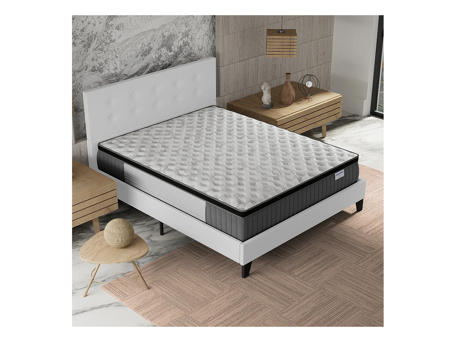 Ensemble matelas + lit 140x200 cm, matelas 30cm ressorts ensachés + mémoire de forme, lit à tête de lit capitonnée similicuir blanc