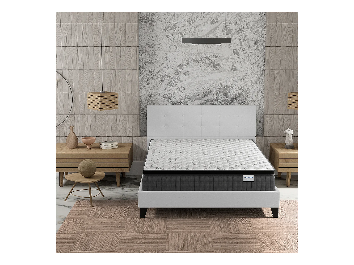 Ensemble matelas + lit 140x200 cm, matelas 30cm ressorts ensachés + mémoire de forme, lit à tête de lit capitonnée similicuir blanc