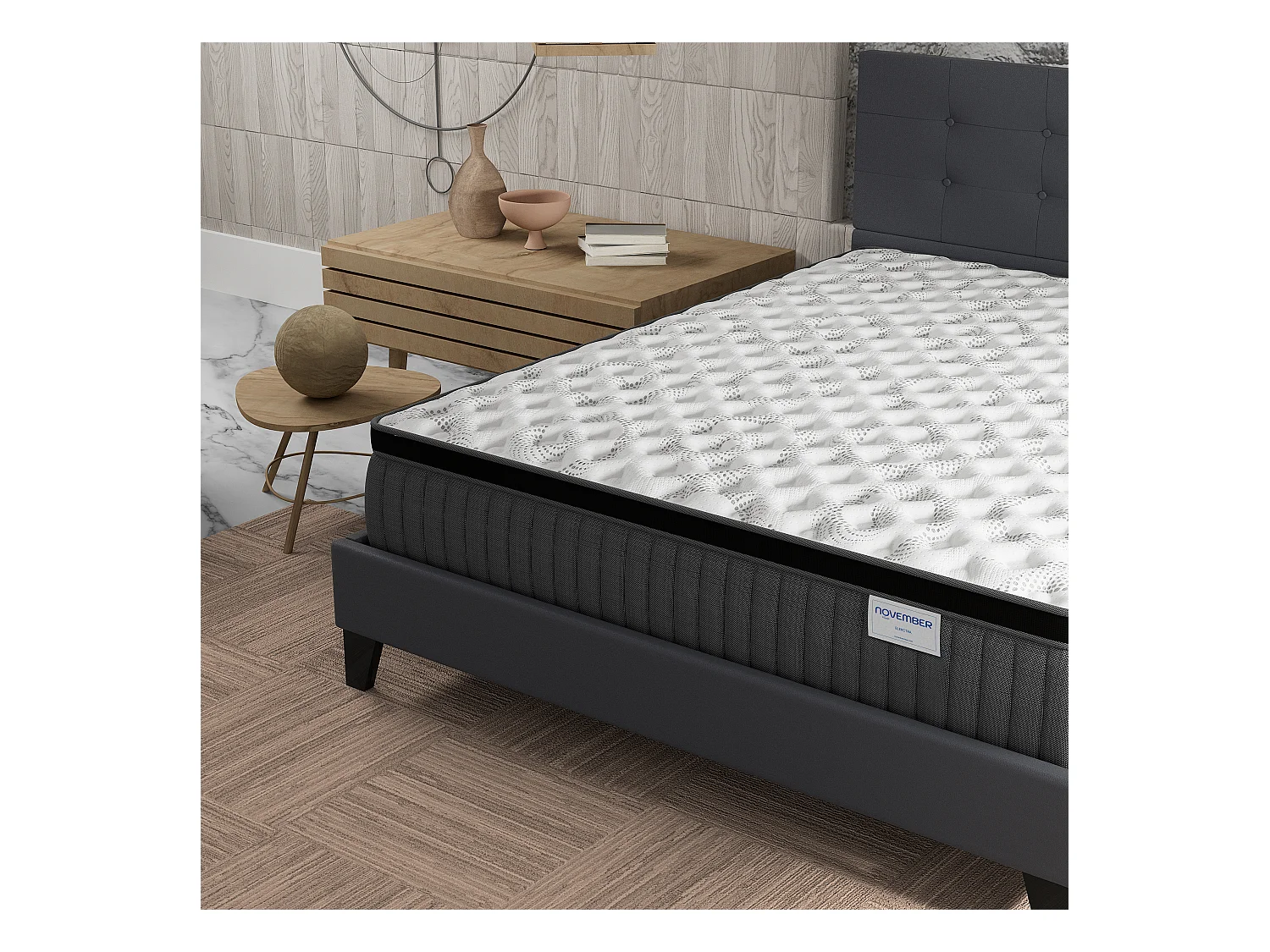 Ensemble matelas + lit 160x200 cm, matelas 30cm ressorts ensachés + mémoire de forme, lit à tête de lit capitonnée similicuir gris
