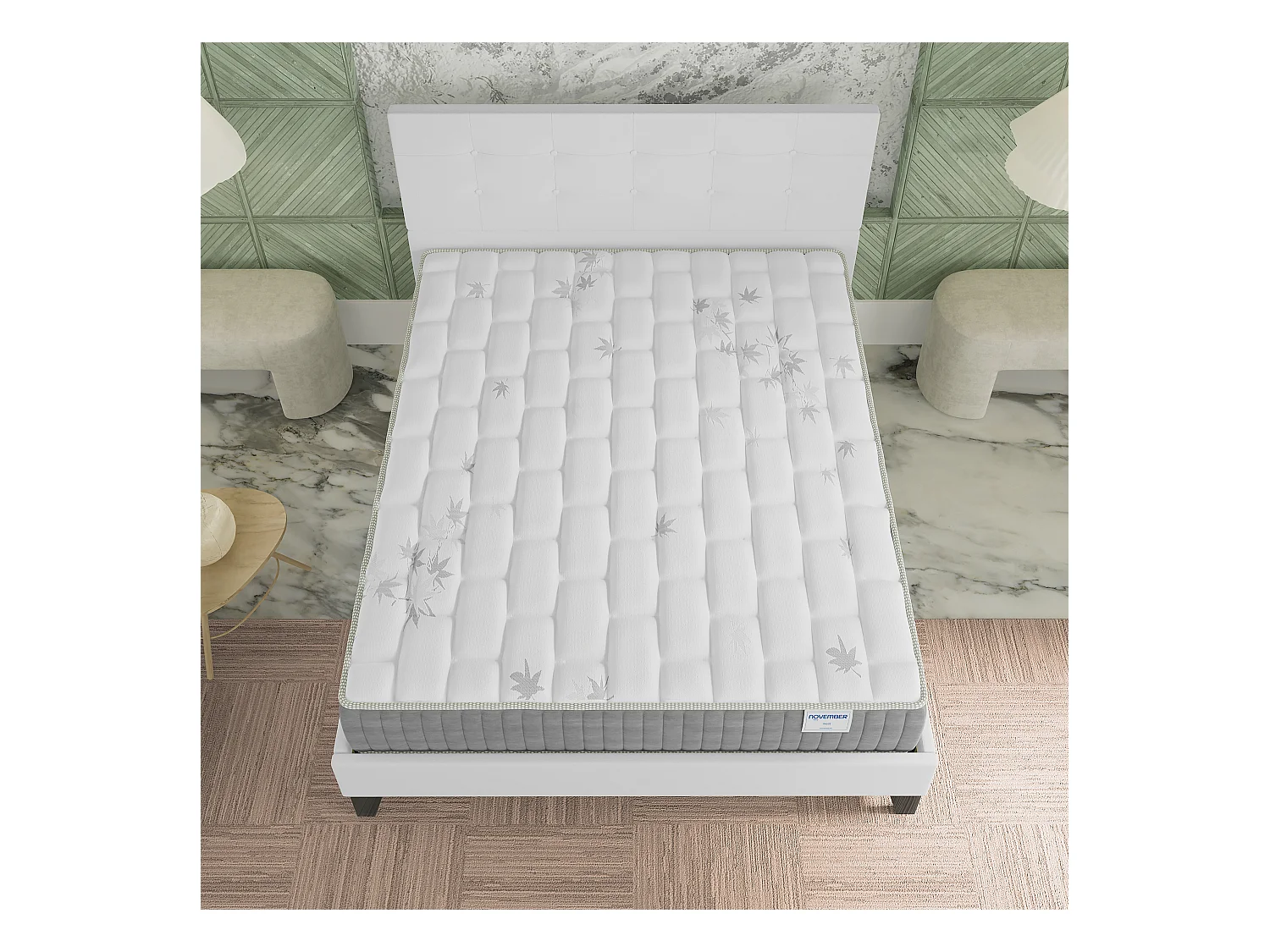 Ensemble 140x190 cm, lit avec tête de lit + matelas ressorts ensachés, ép. 25cm à mémoire de forme