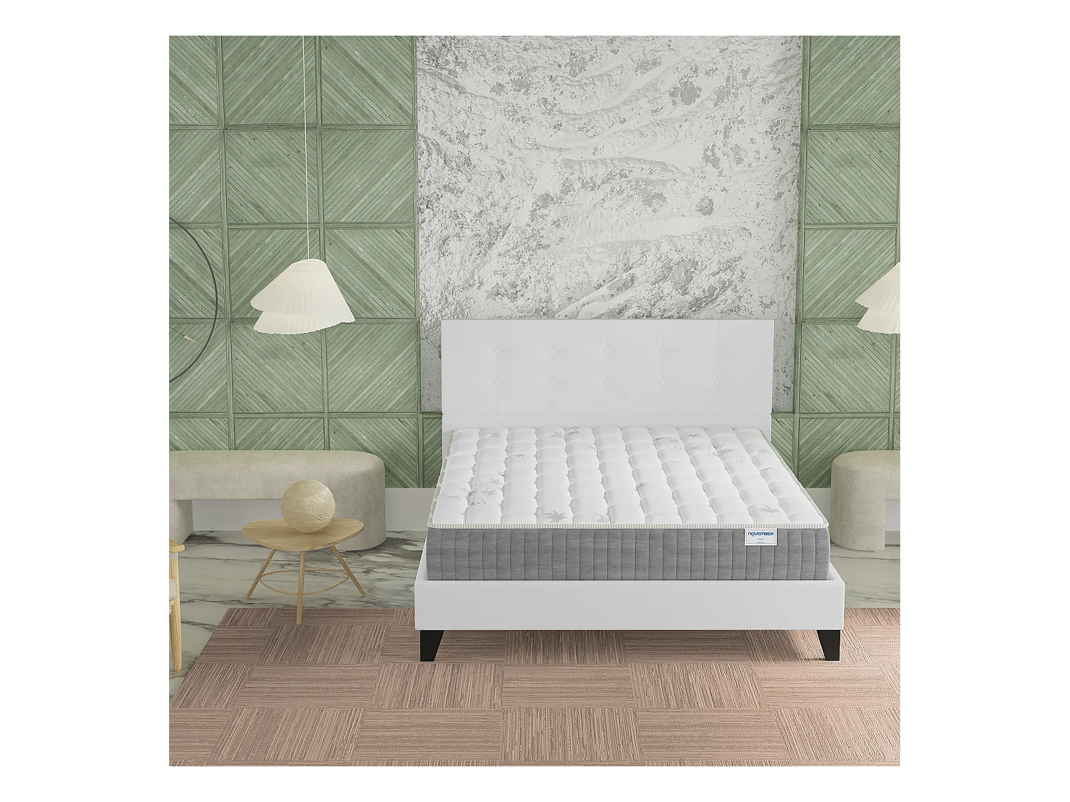 Ensemble 140x190 cm, lit avec tête de lit + matelas ressorts ensachés, ép. 25cm à mémoire de forme