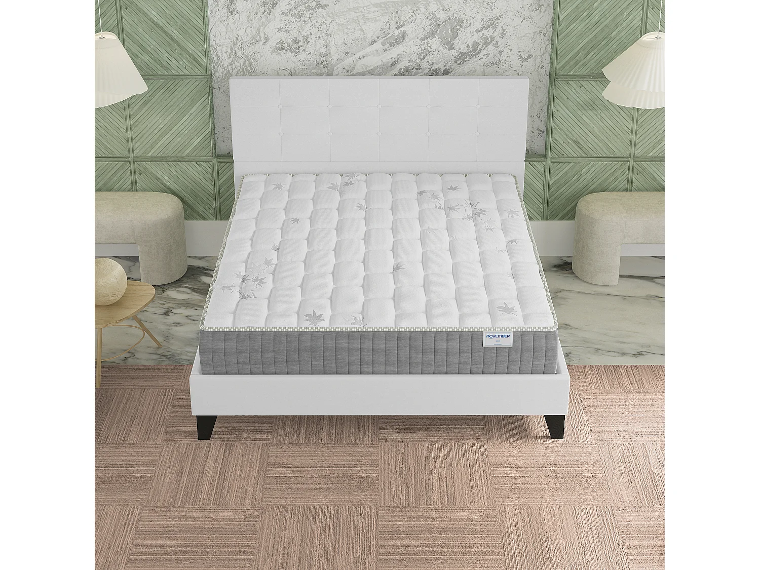 Ensemble 140x190 cm, lit avec tête de lit + matelas ressorts ensachés, ép. 25cm à mémoire de forme