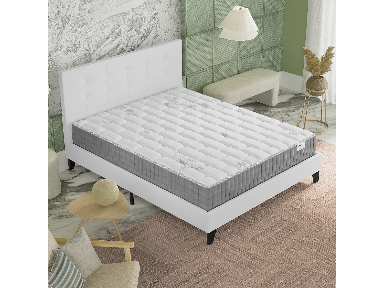 Ensemble 140x190 cm, lit avec tête de lit + matelas ressorts ensachés, ép. 25cm à mémoire de forme