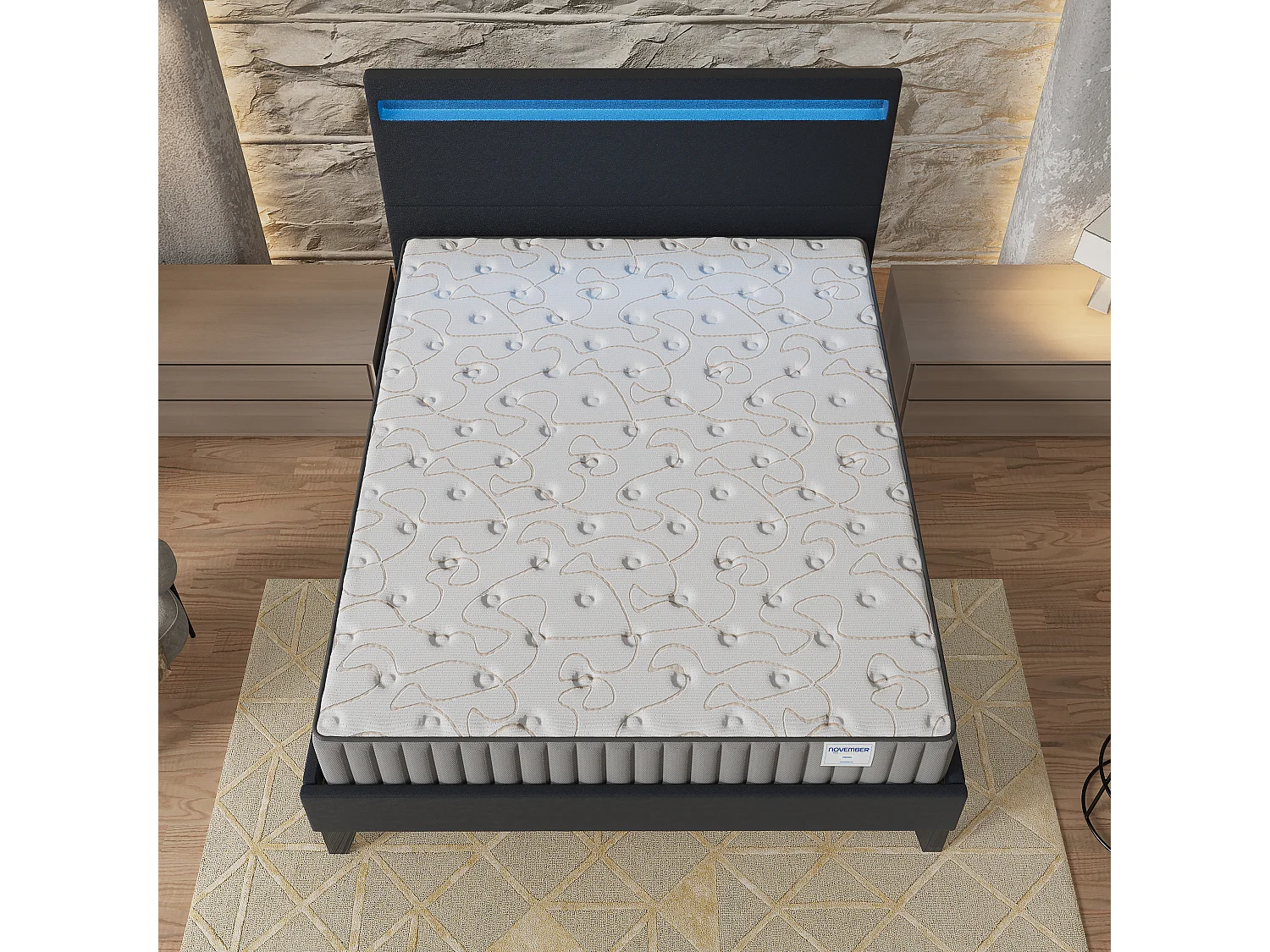 Ensemble Matelas + lit 160x200 cm, Matelas 22cm mousse, accueil mémoire de forme, lit à tête de lit LED similicuir noir