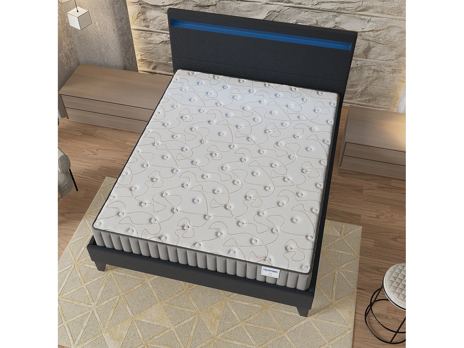 Ensemble Matelas + lit 160x200 cm, Matelas 22cm mousse, accueil mémoire de forme, lit à tête de lit LED similicuir noir