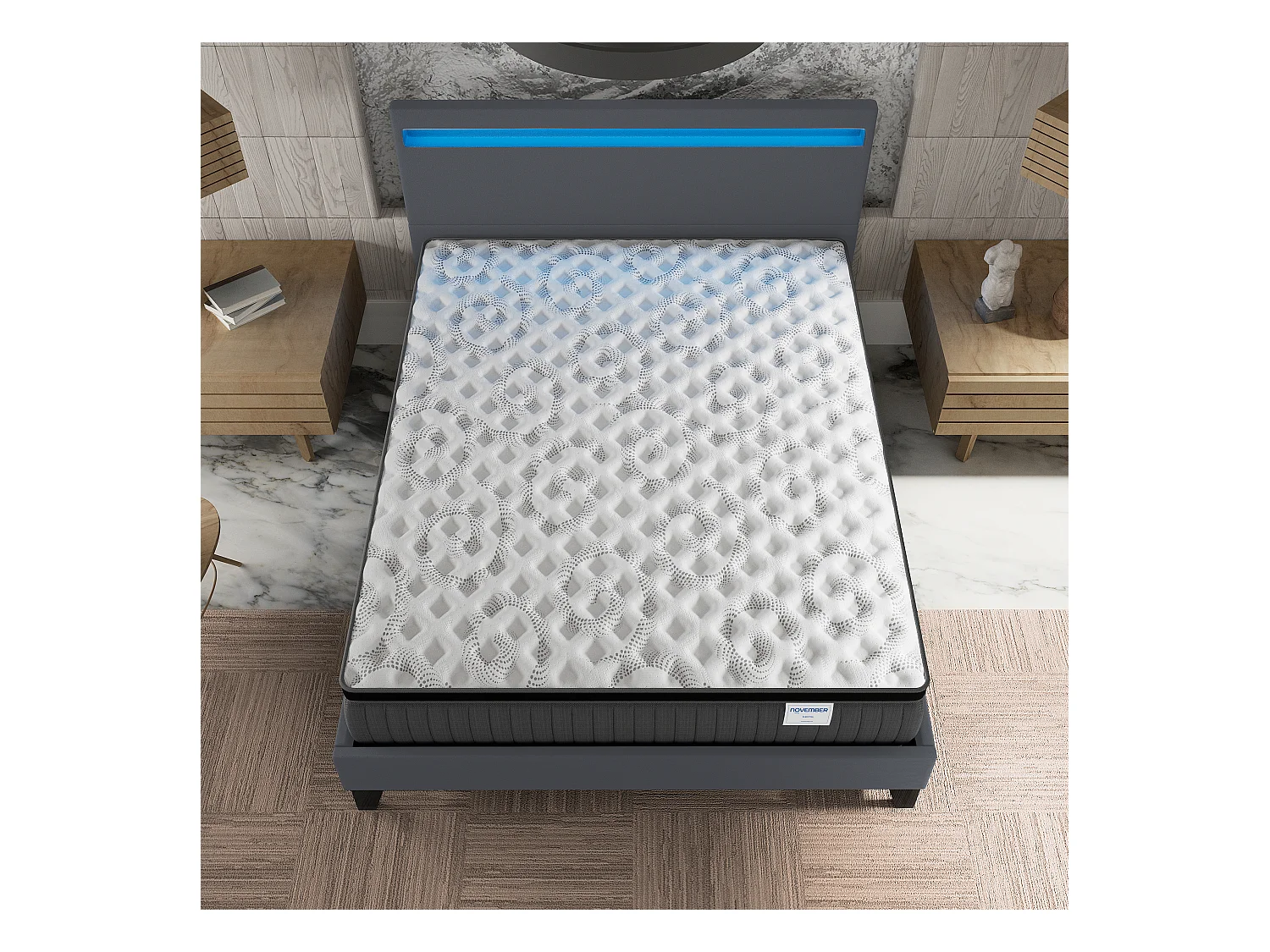 Ensemble Matelas + lit 120x190 cm, Matelas 30cm ressorts ensachés + mémoire de forme, lit à tête de lit LED similicuir gris