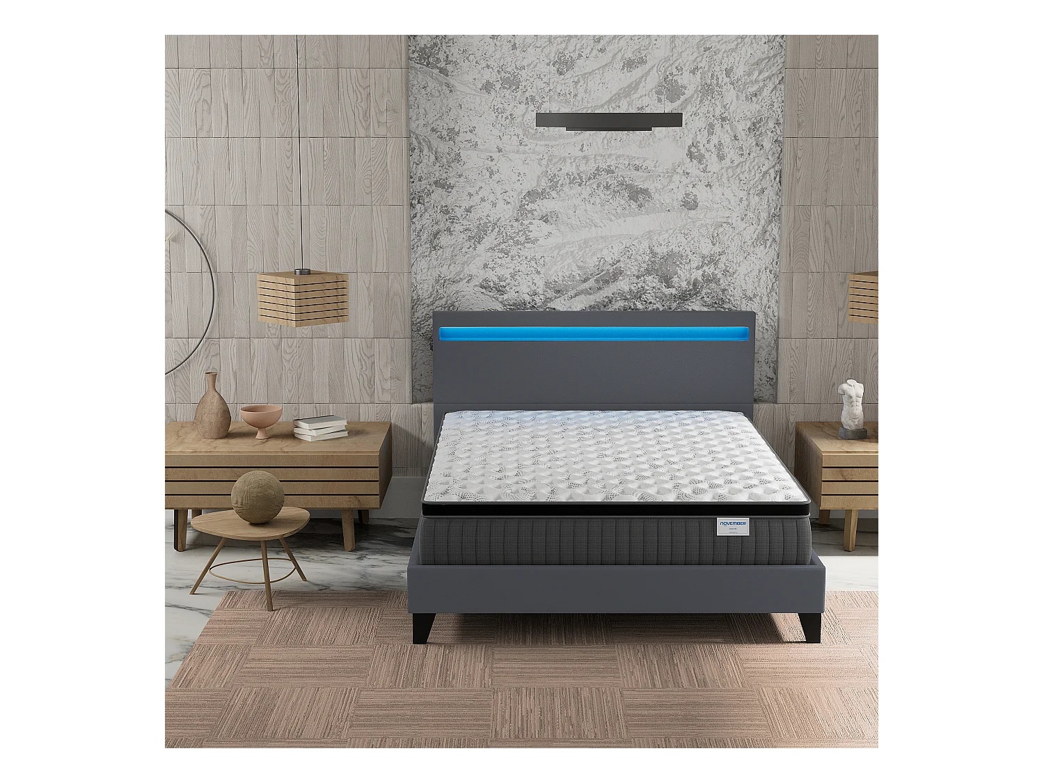 Ensemble Matelas + lit 120x190 cm, Matelas 30cm ressorts ensachés + mémoire de forme, lit à tête de lit LED similicuir gris
