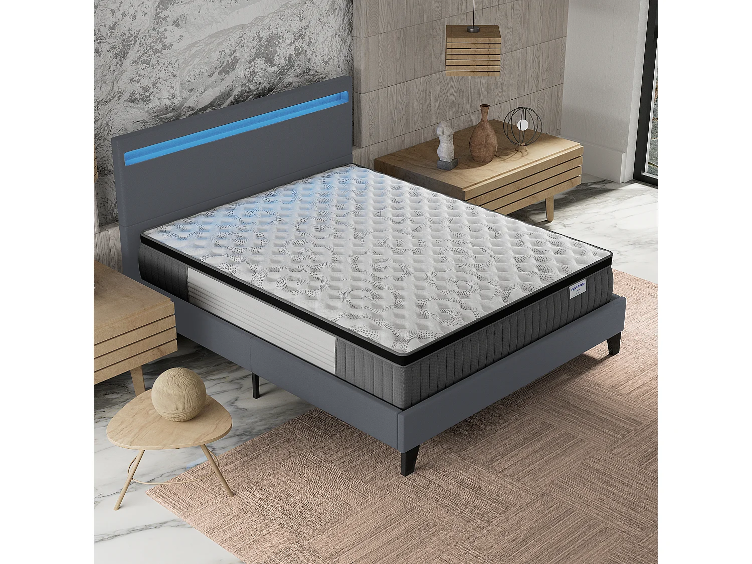 Ensemble Matelas + lit 120x190 cm, Matelas 30cm ressorts ensachés + mémoire de forme, lit à tête de lit LED similicuir gris