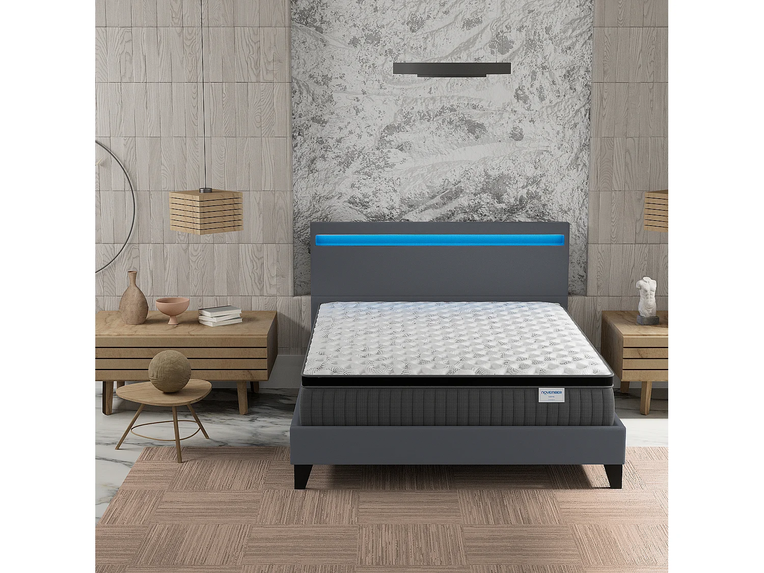 Ensemble Matelas + lit 120x190 cm, Matelas 30cm ressorts ensachés + mémoire de forme, lit à tête de lit LED similicuir gris