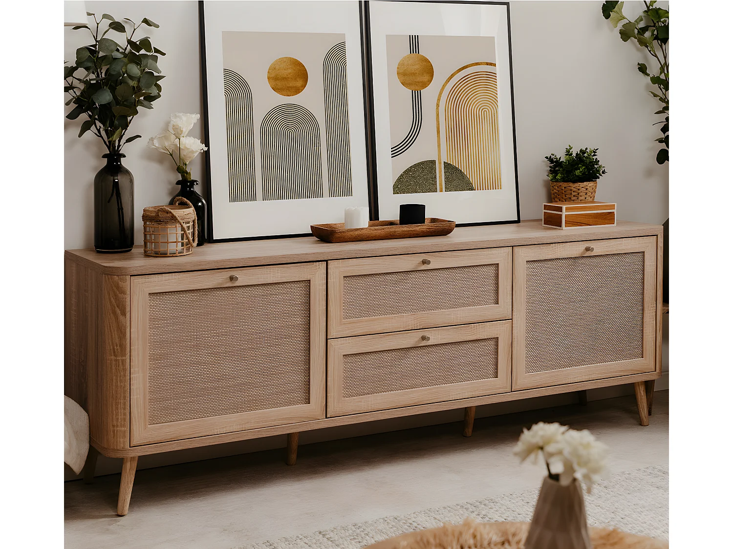 Meuble TV cannage et effet bois 175 cm - Padang