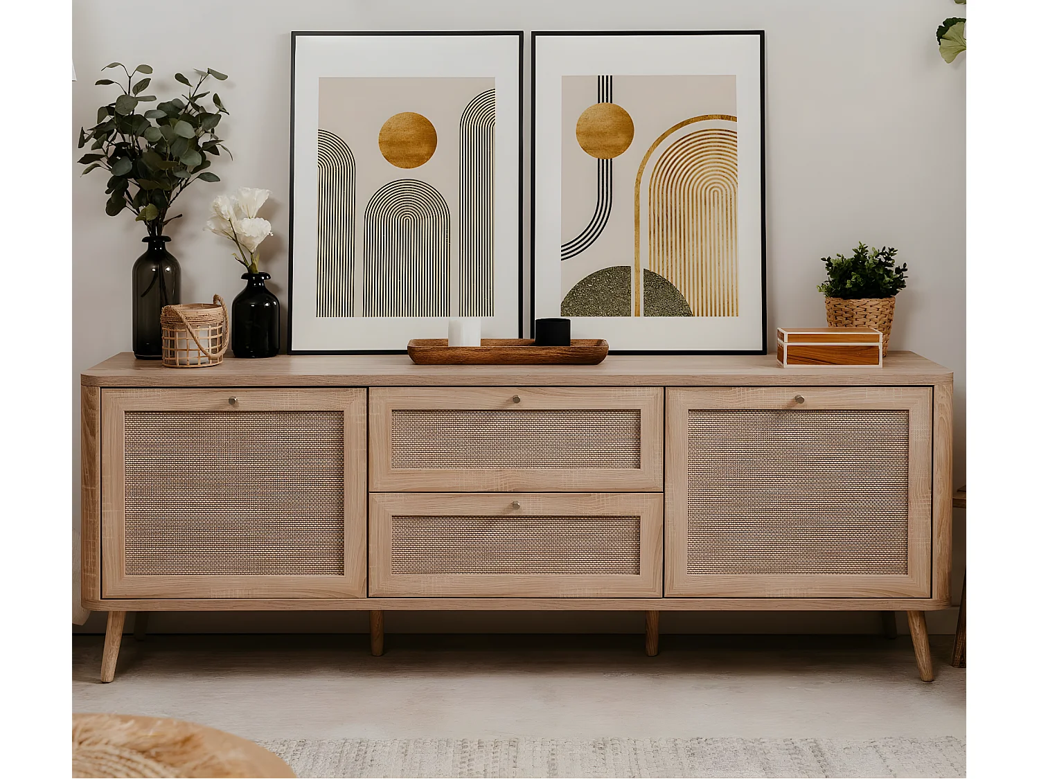 Meuble TV cannage et effet bois 175 cm - Padang