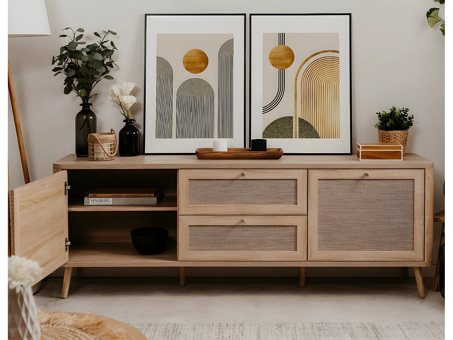 Meuble TV cannage et effet bois 175 cm - Padang