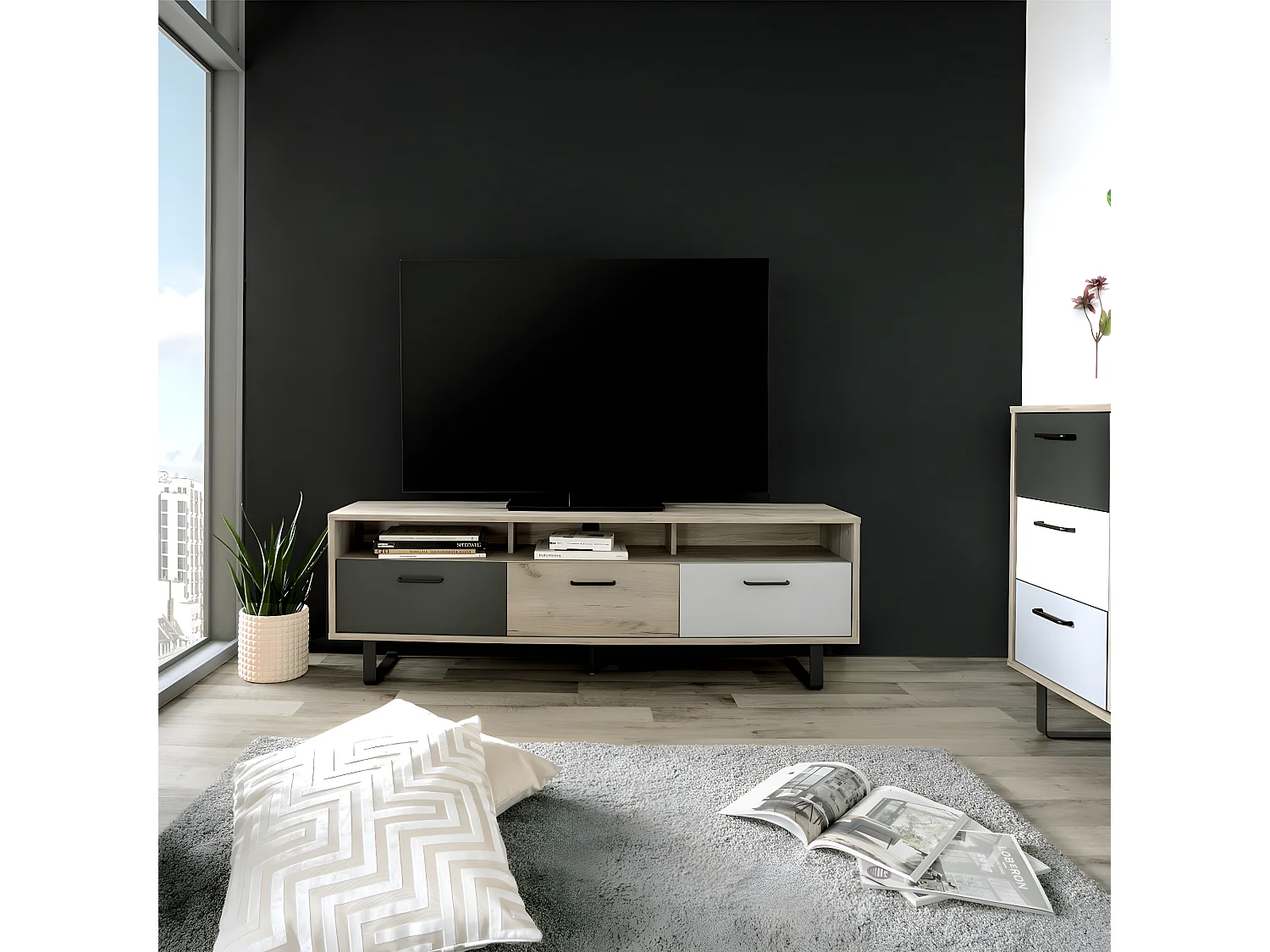 Meuble TV 3 portes gris et chêne 160 cm - Bari