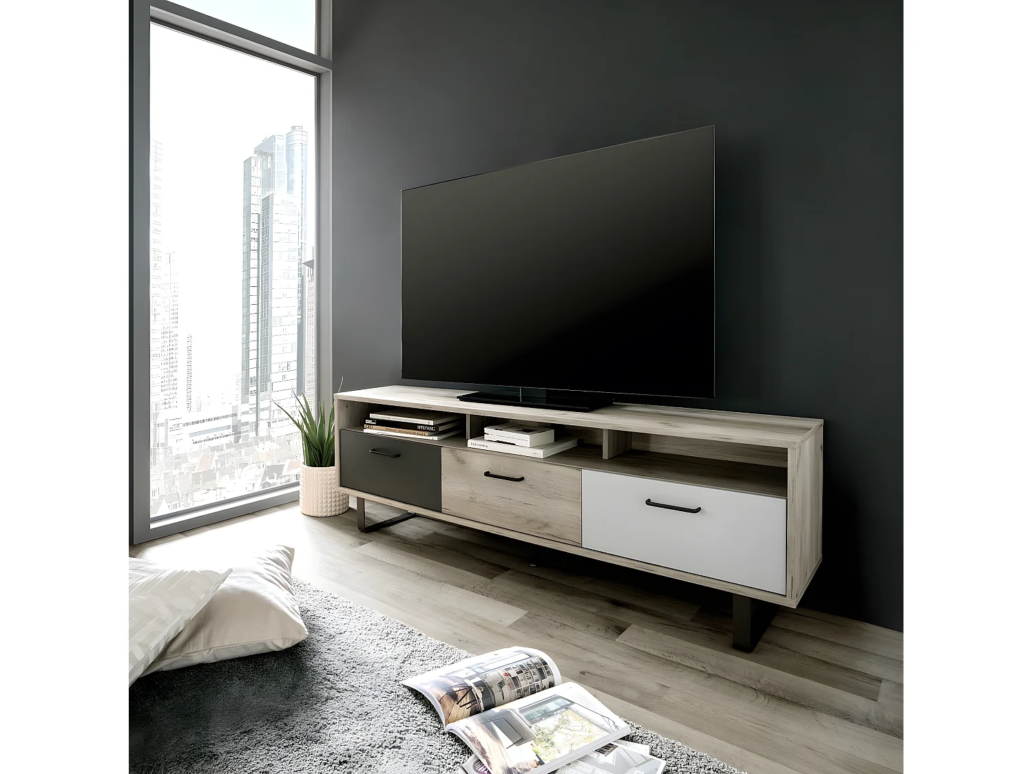 Meuble TV 3 portes gris et chêne 160 cm - Bari