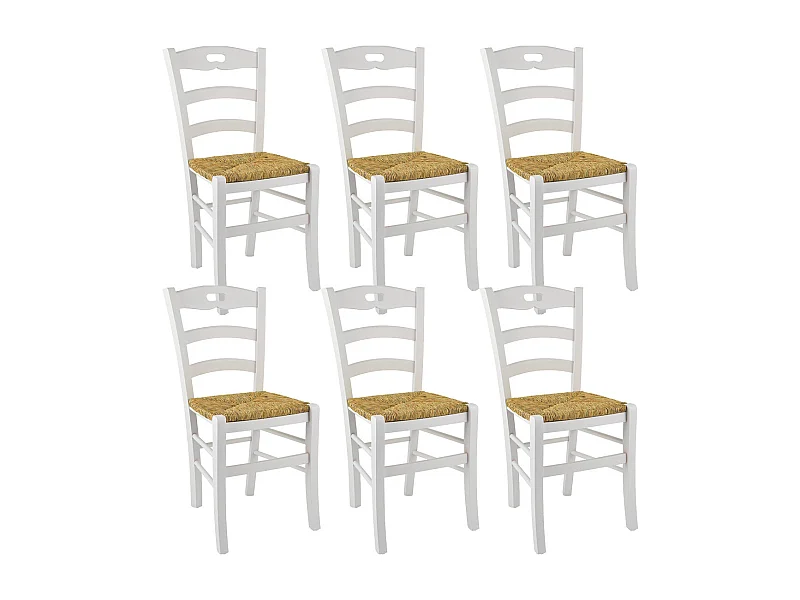 SUZY - Lot de 6 Chaises Laquées Blanc et Assises en Paille