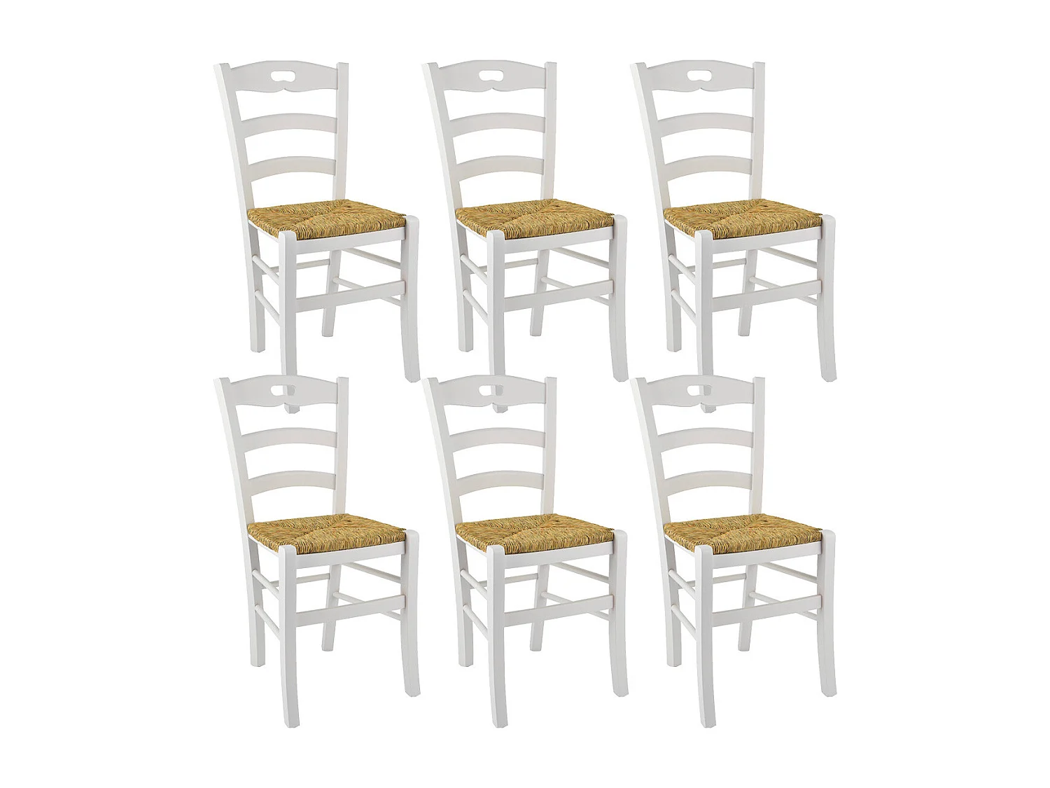 SUZY - Lot de 6 Chaises Laquées Blanc et Assises en Paille