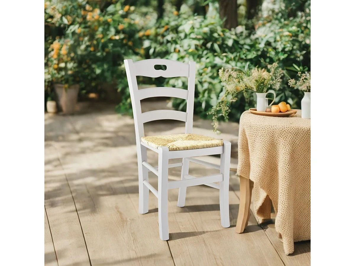 SUZY - Lot de 6 Chaises Laquées Blanc et Assises en Paille