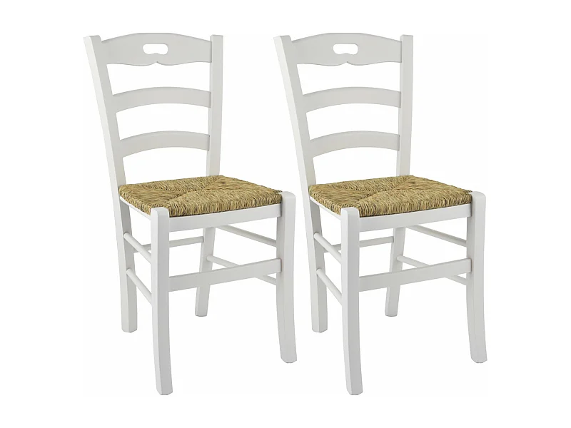 SUZY - Lot de 2 Chaises Laquées Blanc et Assises en Paille