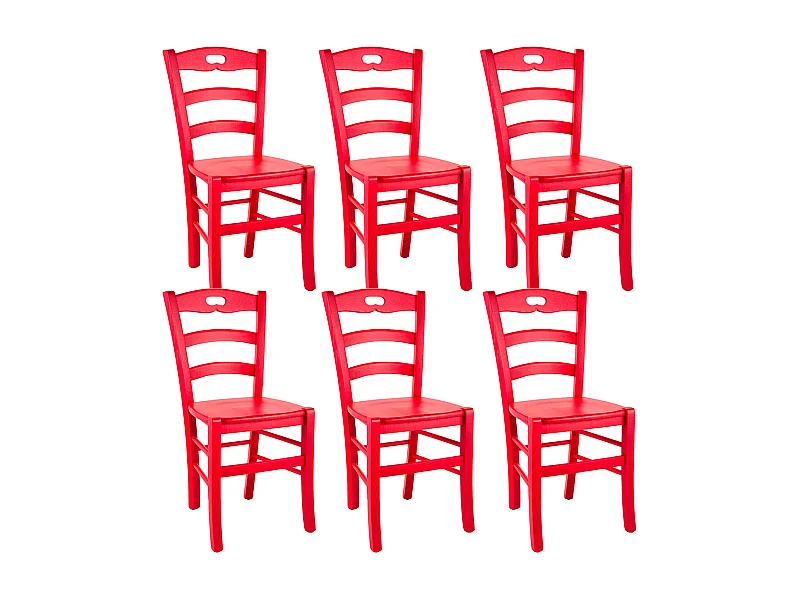 SUZY - Lot de 6 Chaises Laquées Rouge et Assises en Bois