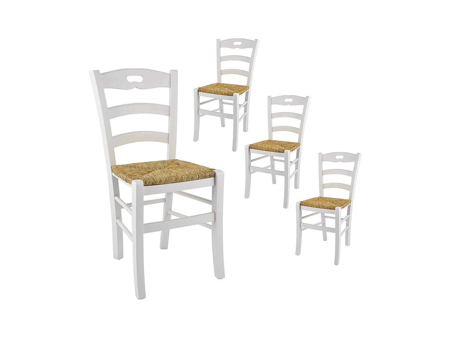 SUZY - Lot de 4 Chaises Laquées Blanc et Assises en Paille