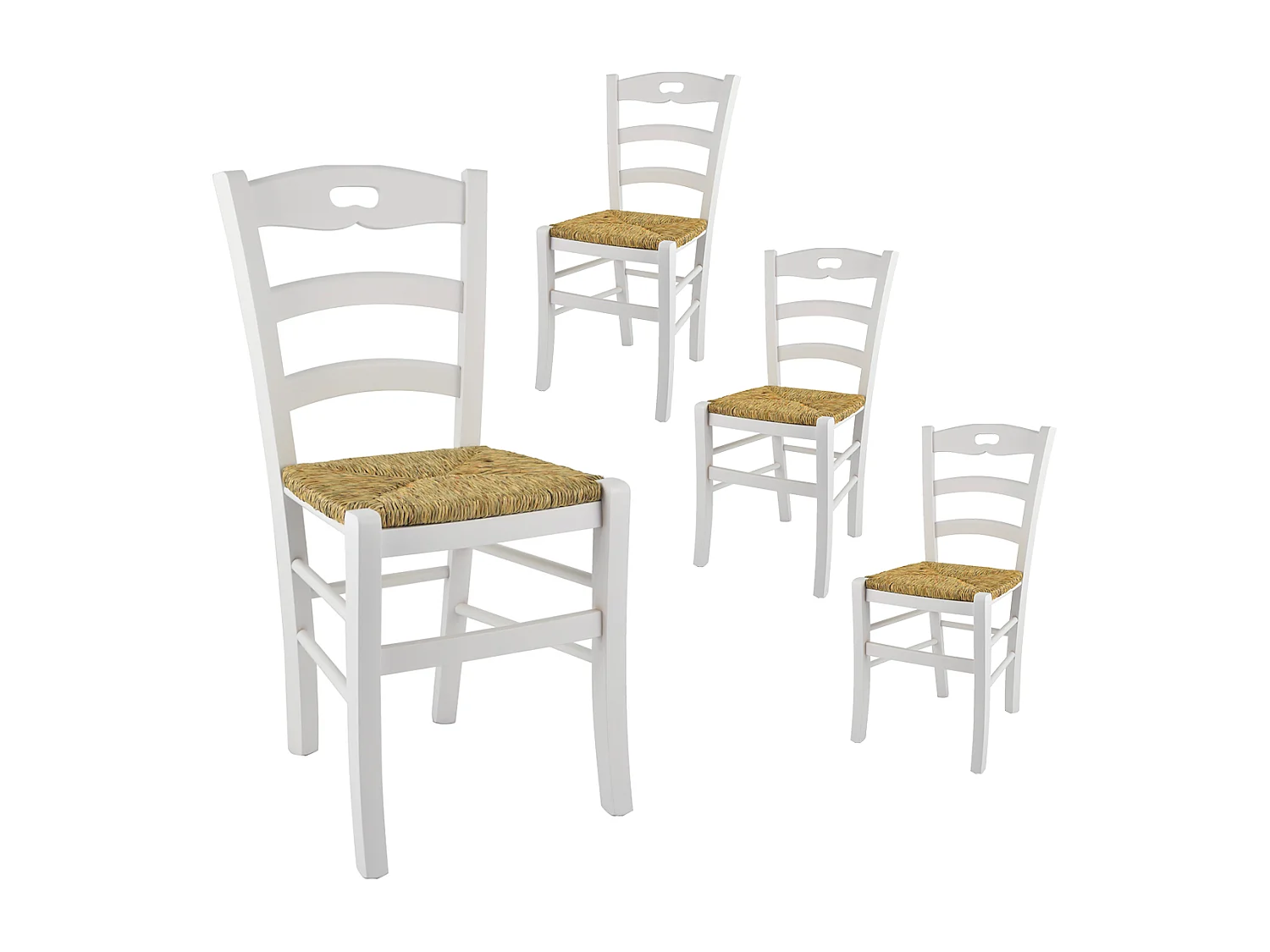 SUZY - Lot de 4 Chaises Laquées Blanc et Assises en Paille