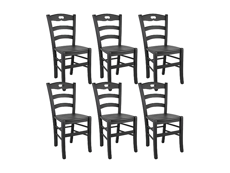 SUZY - Lot de 6 Chaises Laquées Noir et Assises en Bois