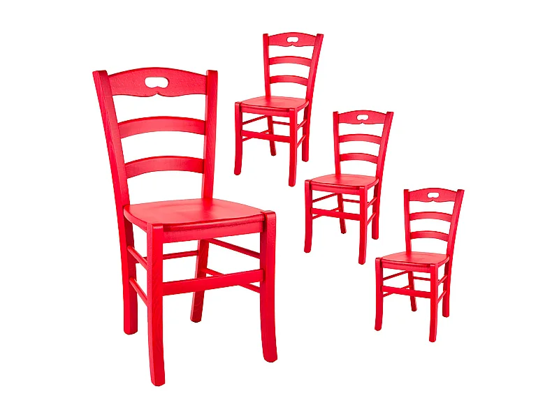 SUZY - Lot de 4 Chaises Laquées Rouge et Assises en Bois