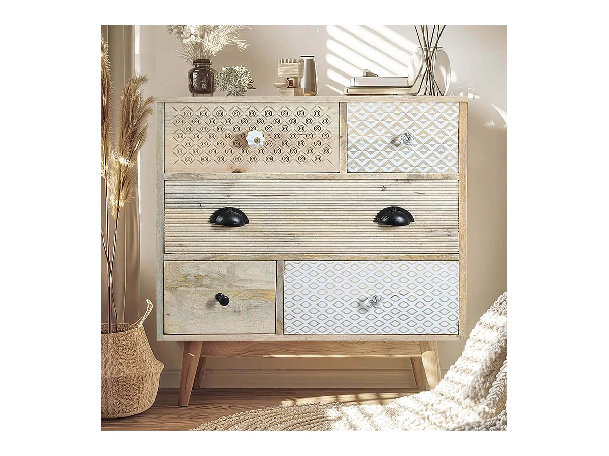 TROMSO - Commode 5 Tiroirs en Manguier Massif Clair